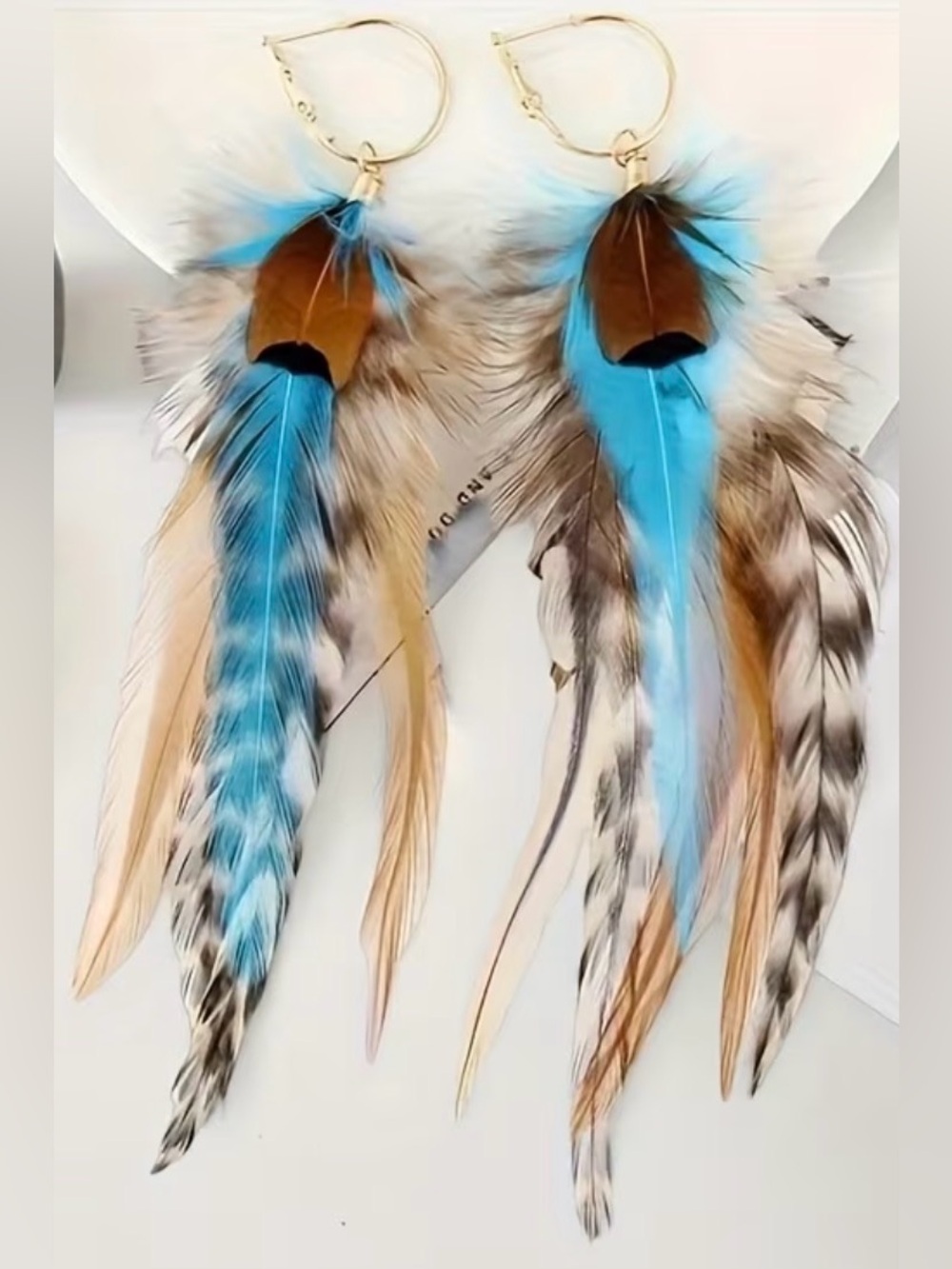 Feather Hoop Earrings in Turquoise and Brown Bohemian Feather Earrings